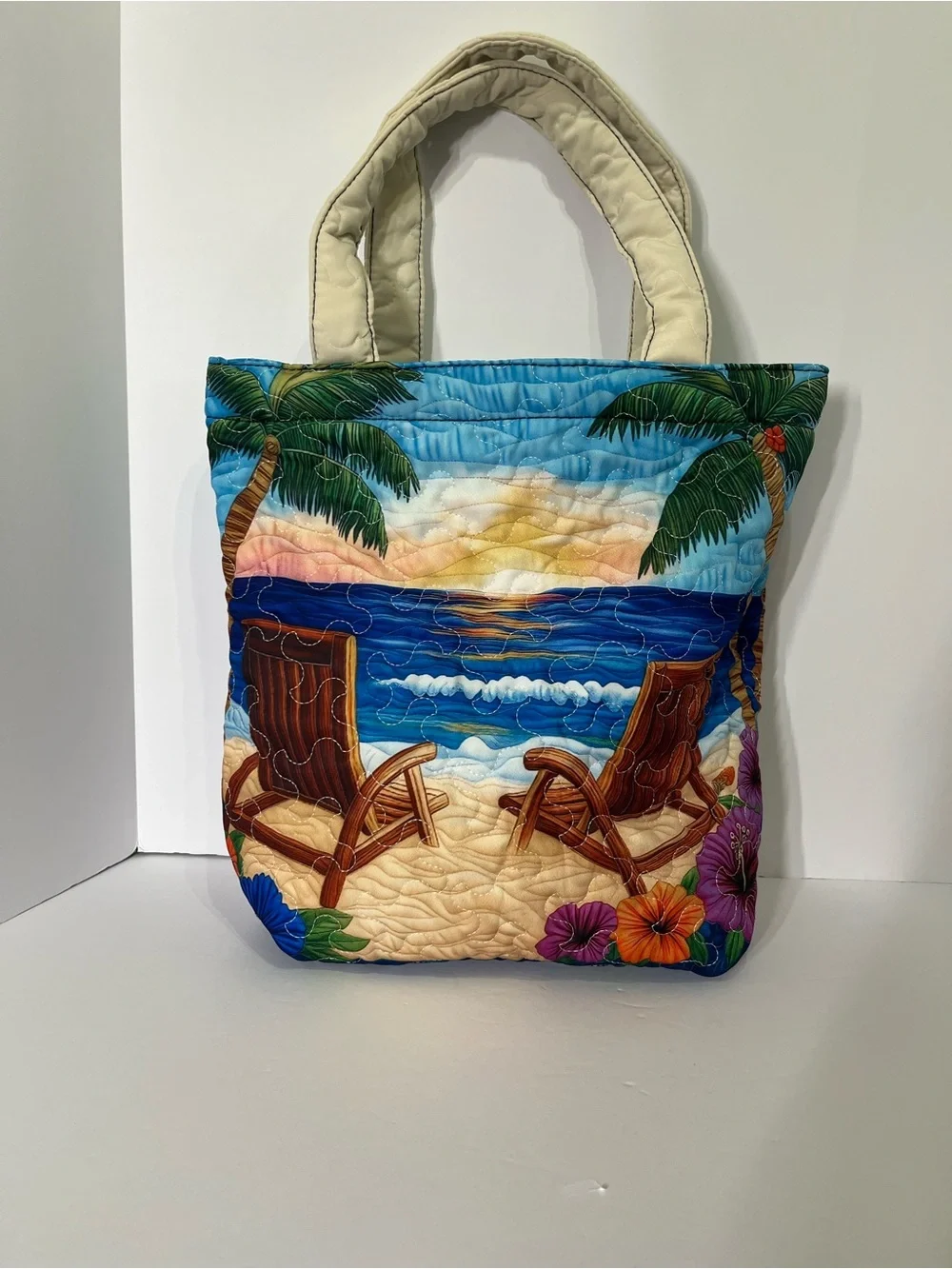 Quilted “Palm Island Paradise” Beach Scene Tote Bag in Multi-Color